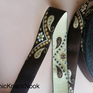 Brown, Beige And Gold Embroidered Trim, Paisley And Floral Embroidery